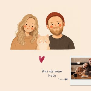 Op de afbeelding: Een digitale illustratie van een persoon met lang golvend blond haar in een beige trui, een persoon met een baard en een roestkleurige muts in een donkergrijze trui, en een lichtoranje kat. Een klein rood hartje en de tekst Aus deinem Foto staan erbij.