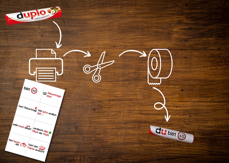 May include: A set of printable cards with the text "bist 60" and other German phrases. The cards are shown next to a printer, scissors, tape, and a tube of glue.