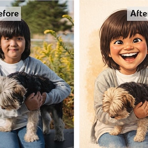 May include: A digital illustration of a person holding a dog. The person is smiling widely, with brown hair and wearing a gray sweatshirt and blue jeans. The dog has black and tan fur.