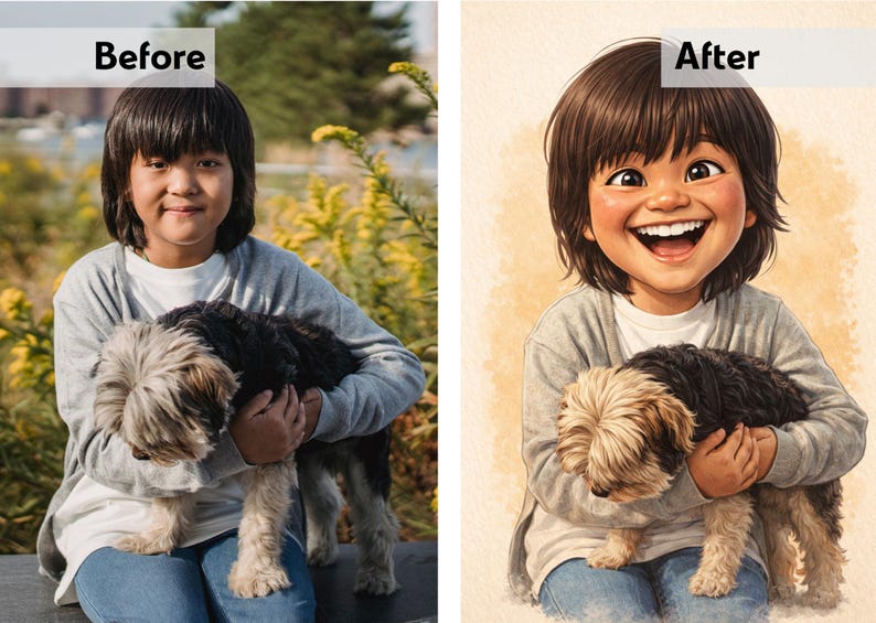 May include: A digital illustration of a person holding a dog. The person is smiling widely, with brown hair and wearing a gray sweatshirt and blue jeans. The dog has black and tan fur.