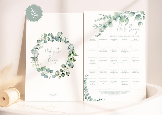 Hochzeitsbingo | Hochzeitsspiel | Gäste-Bingo | Spiel für Brautpaar und Gäste | PDF zum selbst ausdrucken | Eukalyptus