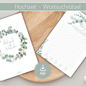 Op de afbeelding: Een afdrukbare woordzoeker voor een bruiloft met een ontwerp van een groene eucalyptuskrans. De tekst "Hochzeit - Wortsuche" staat bovenaan de pagina.