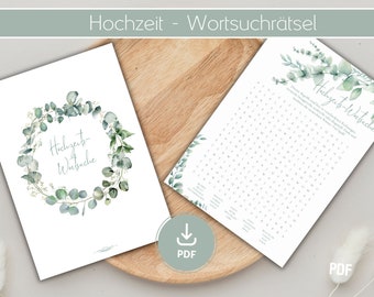 Crucigrama | Boda | Juego de boda | Sopa de letras | Juego para novios e invitados | PDF imprimible | Eucalipto