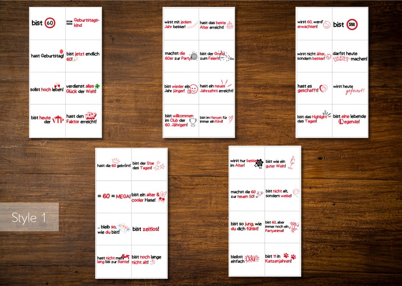 May include: A set of 20 printable cards with red and black text on a white background. The cards feature humorous sayings about turning 60. The text includes phrases like "bist 60", "hast den VIP Faktor erreicht", "bist zeitlos", and "bist eine lebende Legende!"