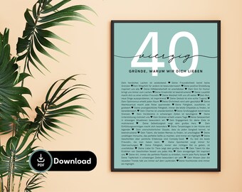 Personalized 40th Birthday Gift | 40 Reasons Why We Love You | Printable PDF | Poster | Download |