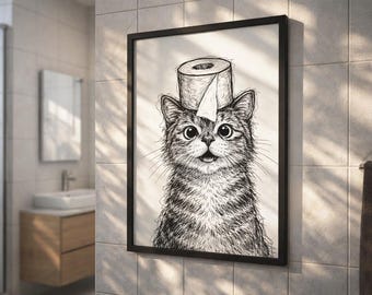Cat Toilet Poster, Animal Bathroom Poster, Cat Gift, Bathroom Art, Wall Poster, Black and White Bathroom Print