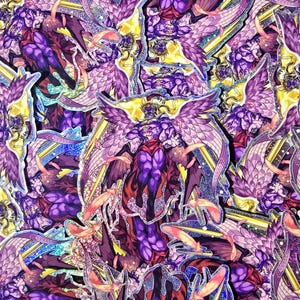 May include: A repeating pattern of stickers featuring a winged figure with purple skin, a red cloak, and large feathered wings. The stickers have a glittery, iridescent finish, with yellow and blue accents.