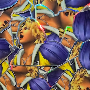 May include: A set of colorful stickers featuring a character with blonde hair and a blue and yellow outfit. The stickers are holographic and have a glossy finish.