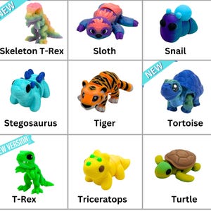 May include: Nine colorful plastic animal toys, including a skeleton T-Rex, sloth, snail, stegosaurus, tiger, tortoise, T-Rex, triceratops, and turtle. The toys are all in different colors and have a cartoonish style.