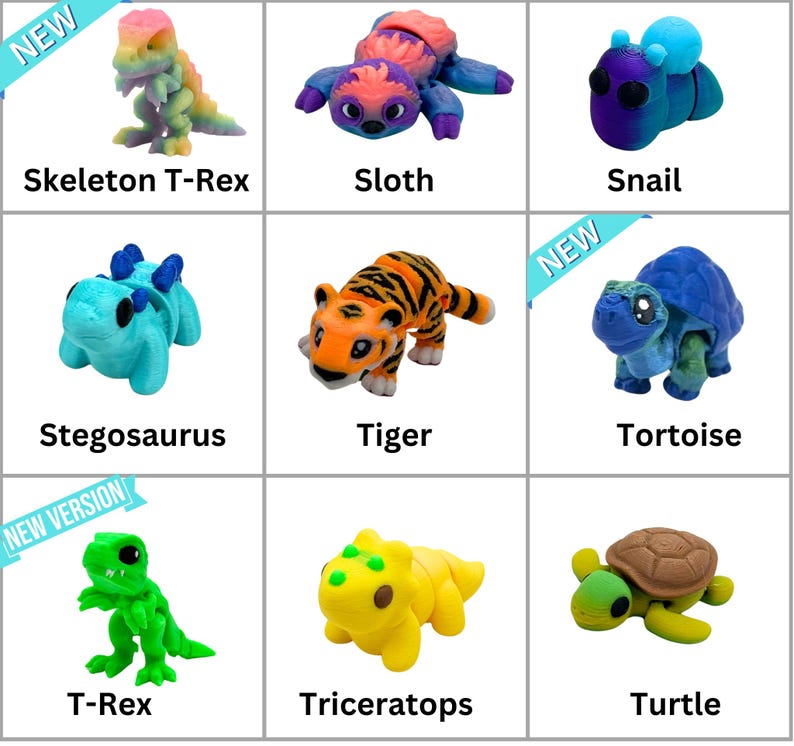 May include: Nine colorful plastic animal toys, including a skeleton T-Rex, sloth, snail, stegosaurus, tiger, tortoise, T-Rex, triceratops, and turtle. The toys are all in different colors and have a cartoonish style.