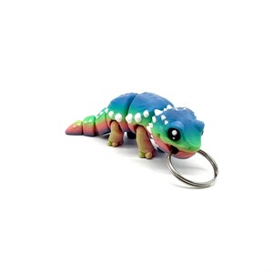 May include: A rainbow coloured lizard keychain with white spots and a silver key ring.