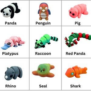 May include: Nine colorful, segmented, bendable animal toys. The animals are a panda, penguin, pig, platypus, raccoon, red panda, rhino, seal, and shark.