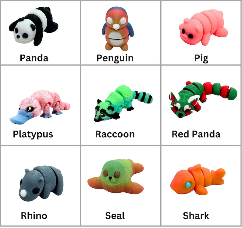 May include: Nine colorful, segmented, bendable animal toys. The animals are a panda, penguin, pig, platypus, raccoon, red panda, rhino, seal, and shark.