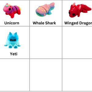 May include: A set of six colorful, cartoon-style animal figurines. The figurines include a unicorn, whale shark, winged dragon, yeti, and two blank spaces. The figurines are made of a soft, pliable material.