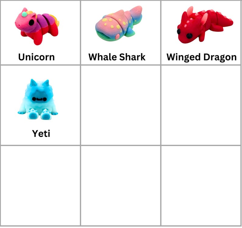 May include: A set of six colorful, cartoon-style animal figurines. The figurines include a unicorn, whale shark, winged dragon, yeti, and two blank spaces. The figurines are made of a soft, pliable material.