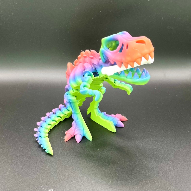 May include: A rainbow-coloured plastic dinosaur skeleton toy. The dinosaur is posed in a standing position with its mouth open. The toy is made of a flexible plastic and is designed to be articulated.