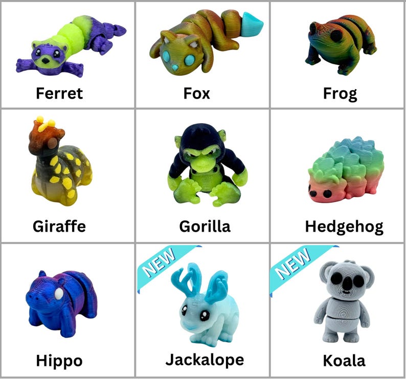 May include: Nine 3D printed animal figurines, each with a unique color and design. The animals include a ferret, fox, frog, giraffe, gorilla, hedgehog, hippo, jackalope, and koala.