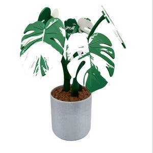 K&ouml;nnte beinhalten: Eine k&uuml;nstliche Monstera-Pflanze in einem Topf mit gro&szlig;en, gr&uuml;n-wei&szlig; panaschierten Bl&auml;ttern. Die Pflanze steht in einem hellgrauen, zylindrischen Topf, der mit braunem Material gef&uuml;llt ist, um Erde zu simulieren. Die Bl&auml;tter haben ein charakteristisches Lochmuster.