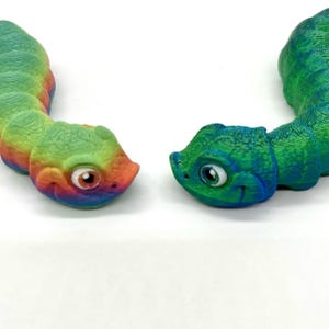 May include: Two 3D printed toy caterpillars, one with a rainbow color scheme and the other with a green and blue color scheme. Both caterpillars have large eyes and a friendly expression.