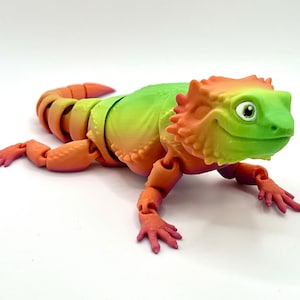May include: A colorful articulated toy lizard with a green, orange, and red gradient. The lizard has a spiky head and a friendly expression.