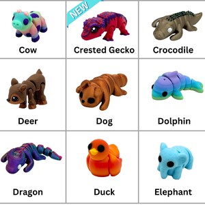 May include: Nine colorful, articulated animal figurines, including a cow, crested gecko, crocodile, deer, dog, dolphin, dragon, duck, and elephant.  The figurines are made of plastic and have a cartoonish style.