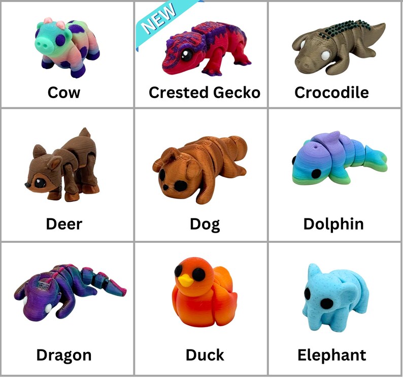 May include: Nine colorful, articulated animal figurines, including a cow, crested gecko, crocodile, deer, dog, dolphin, dragon, duck, and elephant.  The figurines are made of plastic and have a cartoonish style.