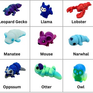 May include: Nine colorful animal figurines, each with a different name printed below: Leopard Gecko, Llama, Lobster, Manatee, Mouse, Narwhal, Opossum, Otter, and Owl.