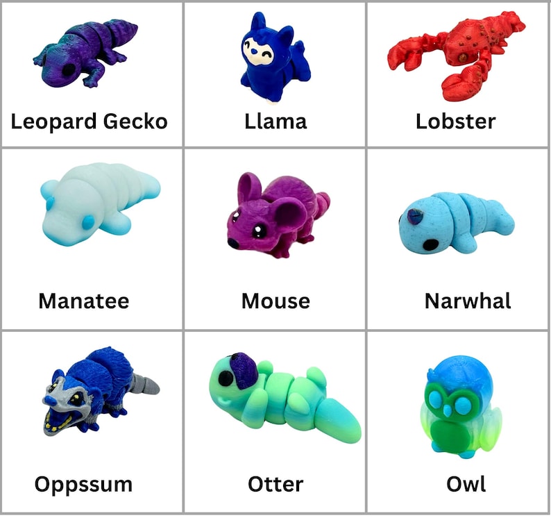 May include: Nine colorful animal figurines, each with a different name printed below: Leopard Gecko, Llama, Lobster, Manatee, Mouse, Narwhal, Opossum, Otter, and Owl.