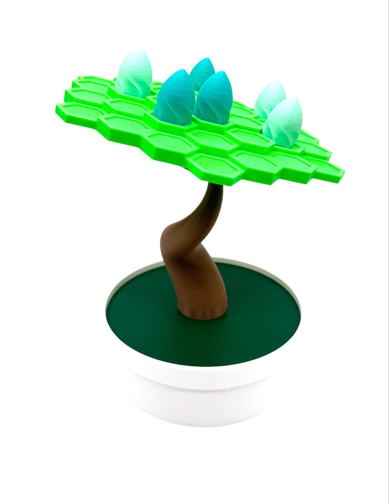 May include: A whimsical, 3D-printed decorative tree. It features a bright green, hexagonal canopy with several teal and white bud-like structures. The brown trunk curves upwards from a dark green base, set in a white pot.