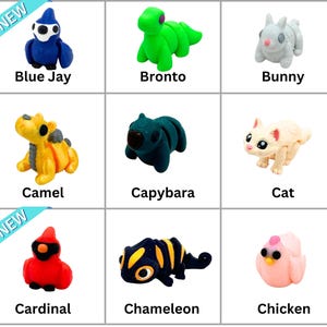 May include: Nine colorful, plastic animal toys, each with a different name: Blue Jay, Bronto, Bunny, Camel, Capybara, Cat, Cardinal, Chameleon, and Chicken. The toys are all in a grid pattern on a white background.