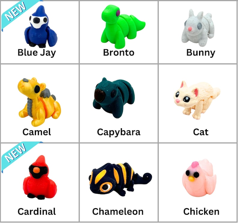 May include: Nine colorful, plastic animal toys, each with a different name: Blue Jay, Bronto, Bunny, Camel, Capybara, Cat, Cardinal, Chameleon, and Chicken. The toys are all in a grid pattern on a white background.