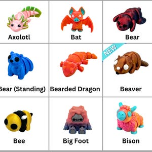 May include: A set of nine 3D printed animal figurines, including an axolotl, bat, bear, bearded dragon, beaver, bee, big foot, bison, and a standing bear. The figurines are all brightly colored and have a cartoonish style.