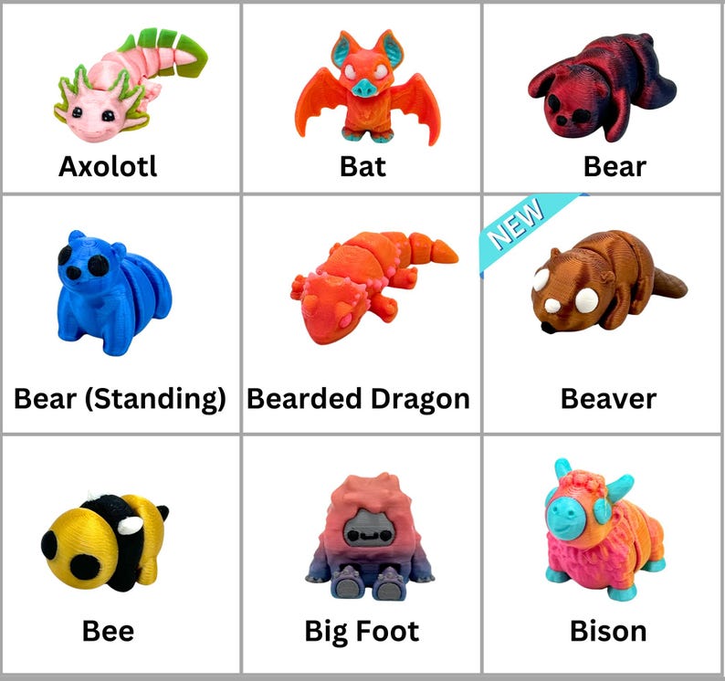 May include: A set of nine 3D printed animal figurines, including an axolotl, bat, bear, bearded dragon, beaver, bee, big foot, bison, and a standing bear. The figurines are all brightly colored and have a cartoonish style.