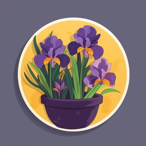 May include: A purple and yellow iris flower arrangement in a purple pot. The flowers are in a circular yellow frame.