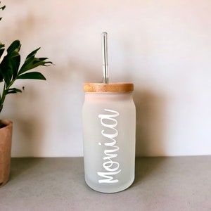 16oz. Frosted Glass with Bamboo Lids & Glass Straw (Personalized)