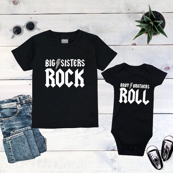 Rock & Roll - Sibling Onesies and T-Shirts - Big Sisters/Big Brothers Rock - Baby Brothers/Baby Sisters Roll