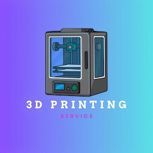 Puede incluir: Una ilustración de dibujos animados de una impresora 3D con un esquema de color azul y gris. El texto "3D PRINTING SERVICE" está debajo de la imagen.