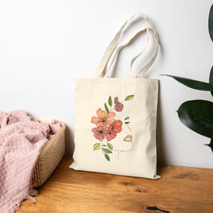 Floral Face Cotton Canvas Tote Bag, Chic Eco-Friendly, Gift for Her, Beach Bag, Art Lover Accessory,