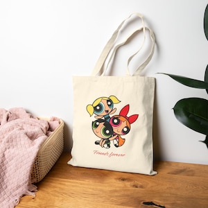 Friendship Bag, Powerpuff Girls Cotton Canvas Tote Bag, Eco Friendly Bag, Gift for Cartoon Lover, Beach Bag, Gift for Friend,