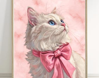 白猫の水彩画の印刷可能な壁アート、猫のポスター、猫の壁の装飾、即時