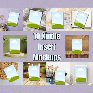 May include: Ten mockups of a Kindle e-reader with a landscape image of a green hill and a white cloud on a blue sky. The mockups show the Kindle in different settings, including on a wooden table, a wicker basket, a white surface, and a book.