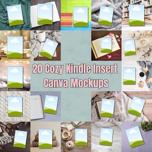Könnte beinhalten: 20 Gemütliche Kindle-Einsatz-Canva-Mockups. Eine Sammlung digitaler Mockups mit einem Kindle E-Reader in verschiedenen gemütlichen Umgebungen, darunter Decken, Bücher und Kaffee.