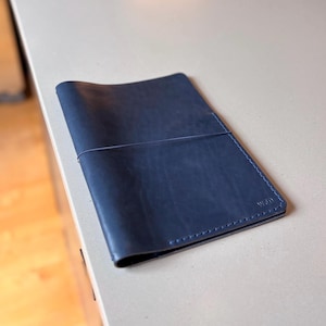 SHIP READY - Initials "WFD" B5 Navy Bifold vegetable-tanned leather journal cover with pockets