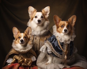 Impression portrait personnalisé Royal 3 animaux de compagnie, peinture de chien Renaissance à partir d'une photo, art de chat royal, cadeaux personnalisés à la mémoire de la perte d'un animal de compagnie, cadeau de Noël