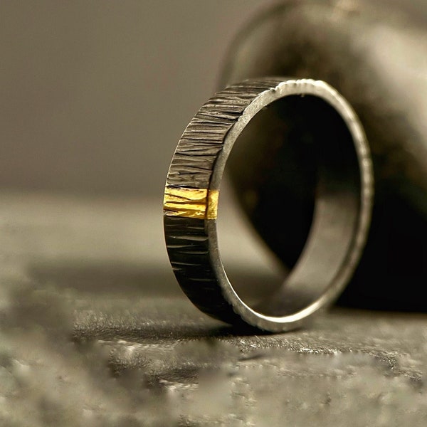 oxidizedSterling Silber & 24K Gold Keum Boo Rustikaler Ring, Herren Rustikal Band, Einzigartiger Ehering, Versprechensring,