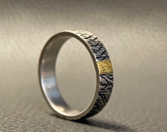 Rustikaler Ring, Herren Rustikal Band, oxidizedSterling Silber & 24K Gold Keum Boo ,Einzigartiger Ehering, Geschenk für ihm