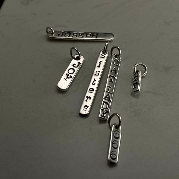 Name Charms, hand stamped personalized charm necklace with your word, date or name in sterling silver, Mothers Day Necklace