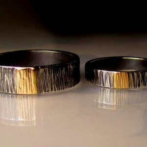 Linear Textured Ring in Oxidized Silver and Gold, Unisex, Keum Boo Chunky Band, Alternative Wedding Ring.