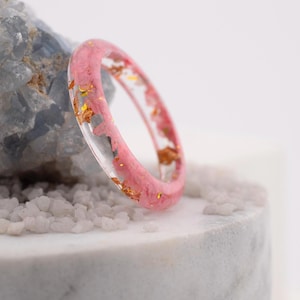 Handmade Pink Resin Ring with Gold Leaf and Pink Flakes – Romantic Minimalist Jewelry, Gift for Her