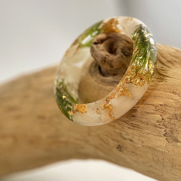 White stone resin ring with gold, handmade ring, beautiful resin jewelry, romantic white ring, natural moss resin ring,